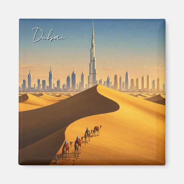 Dubai Skyline Desert Camels Travel Magnet (Vorne)