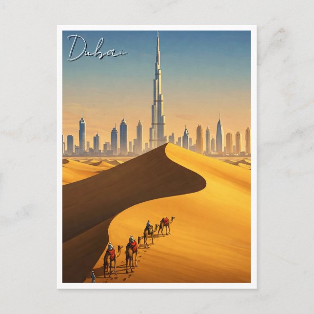 Dubai Skyline Desert Camels Travel Postkarte (Vorderseite)