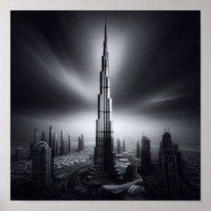 Dubai Skyline Majesty - Burj Khalifa in Monochrome Poster