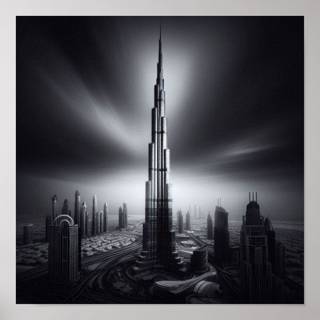 Dubai Skyline Majesty - Burj Khalifa in Monochrome Poster (Vorne)