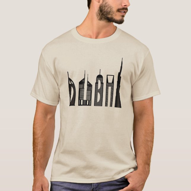 Dubai Skyline Souvenir berühmte Gebäude Typografie T-Shirt (Vorderseite)