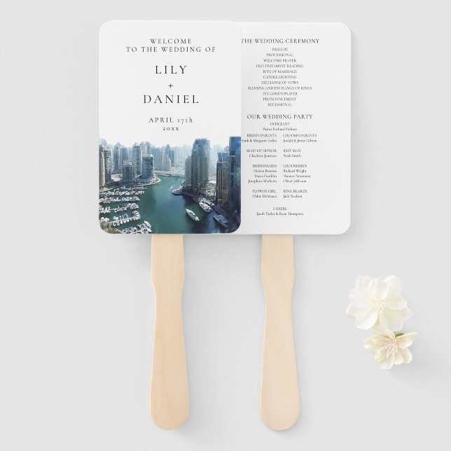 Dubai Skyline Watercolor Wedding Program Fächer (Vorne und Hinten)