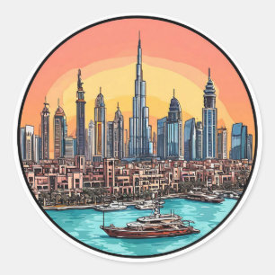 Dubai Stadt-Skyline mit hoch aufragenden Wolkenkra Runder Aufkleber