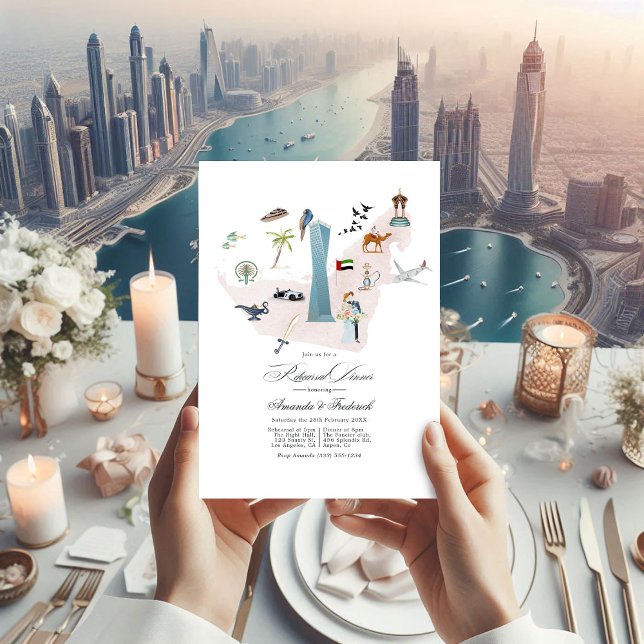 Dubai UAE Hochzeit in Urlaubsort Probe Dinner Einladung (Dubai UAE Destination Wedding Rehearsal Dinner Invitation)