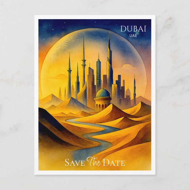 Dubai UAE Watercolor Save the Date Postcard Postkarte (Vorderseite)