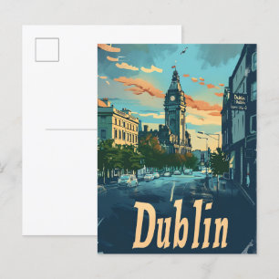 Dublin City Ireland Vintage Travel Illustration Postkarte