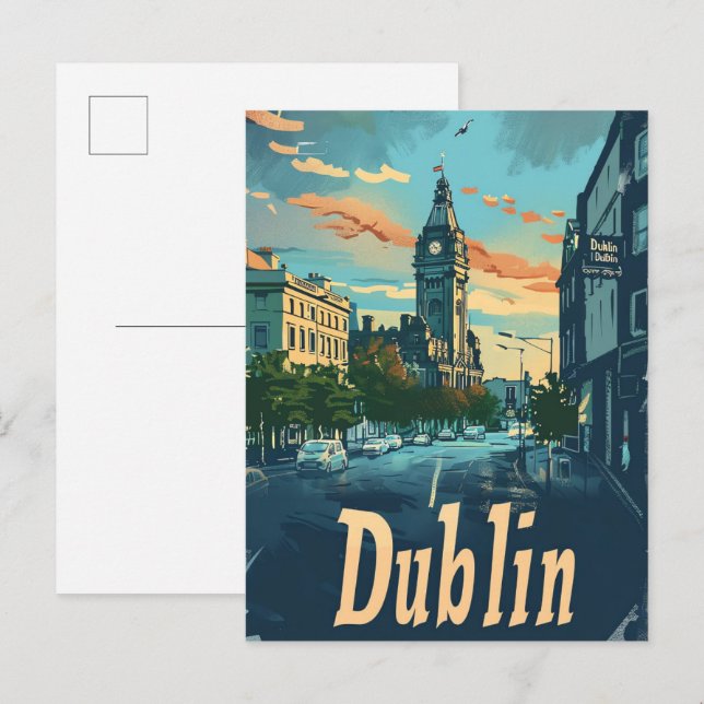 Dublin City Ireland Vintage Travel Illustration Postkarte (Vorne/Hinten)