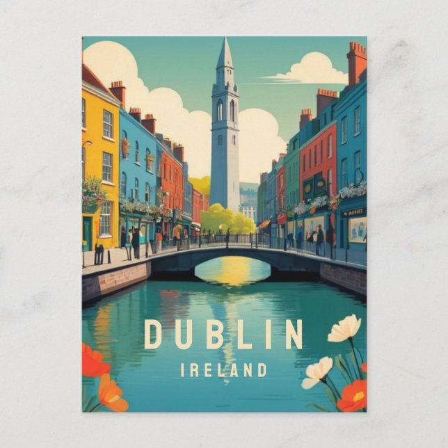 Dublin Ireland Retro Travel Art Floral Tower River Postkarte (Vorderseite)