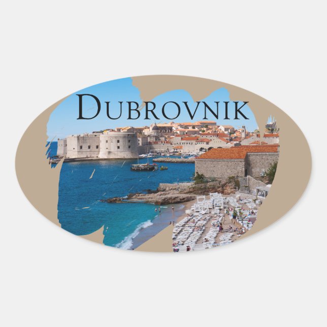 Dubrovnik: Aussicht auf Strand und Altstadt Ovaler Aufkleber (Vorderseite)
