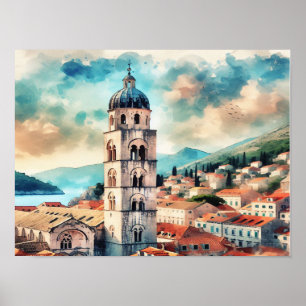 Dubrovnik Croatia Bell Tower Aquarell Poster