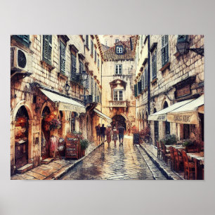 Dubrovnik Croatia Street Tower Aquarell Poster