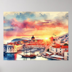 Dubrovnik Croatia Sunrise Water Color Poster