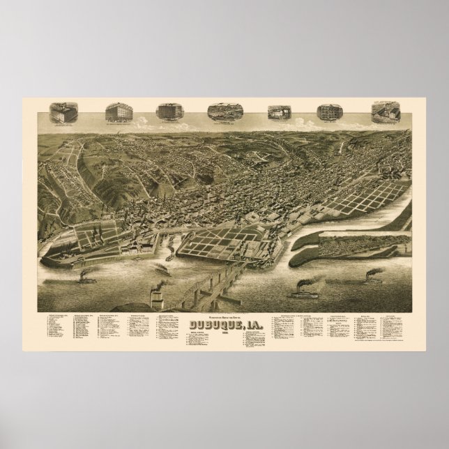 Dubuque, Iowa Panorama Karte - 1889 Poster (Vorne)