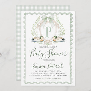 Duck Baby Boy Shower Preppy Gingham Sage Green Einladung