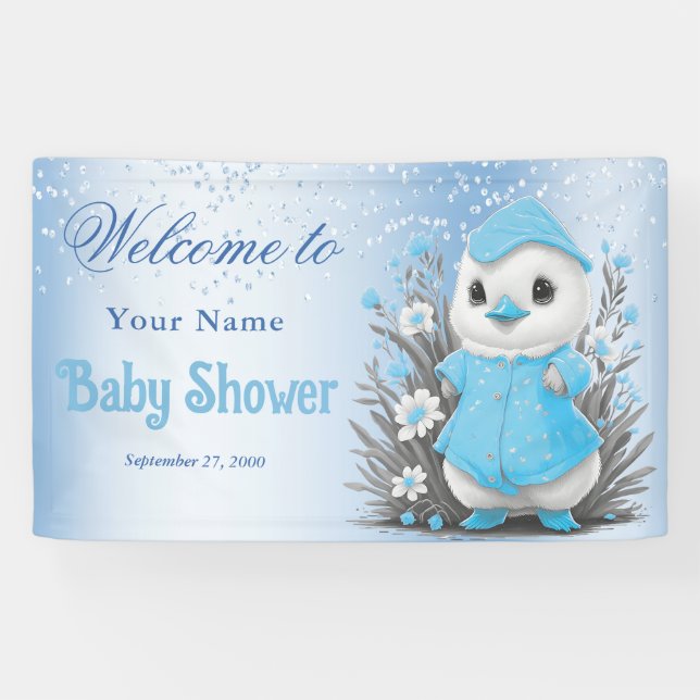Duck Blue Flowers Kinderdusche Willkommen Banner (Horizontal)
