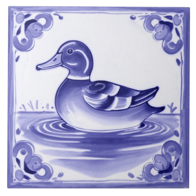 Duck Blue und White European Folk Animal Art Fliese (Vorderseite)