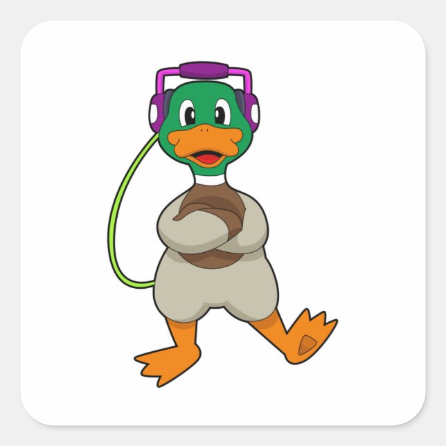 Duck Headphone Music Quadratischer Aufkleber (Vorderseite)