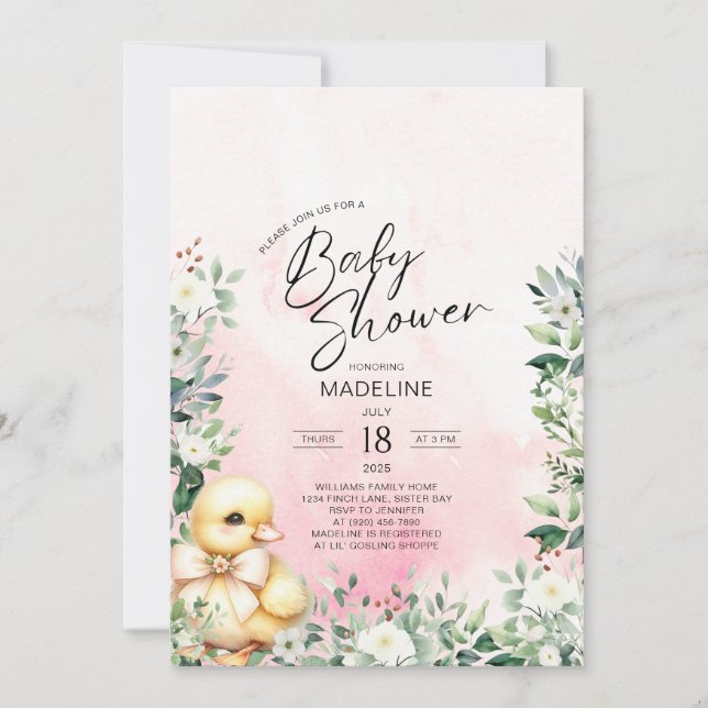 Duck mit Bow Pink Girl Dusche Einladung (Vorderseite)