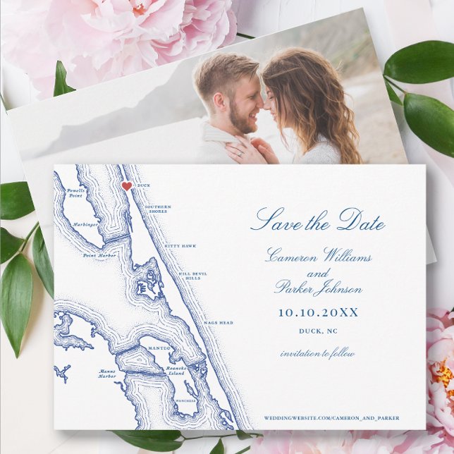 Duck NC Karte Elegant Navy Blue Wedding (Duck NC Wedding Save the Date for an elegant navy blue Outer Banks Wedding by Coastal Map Designs)