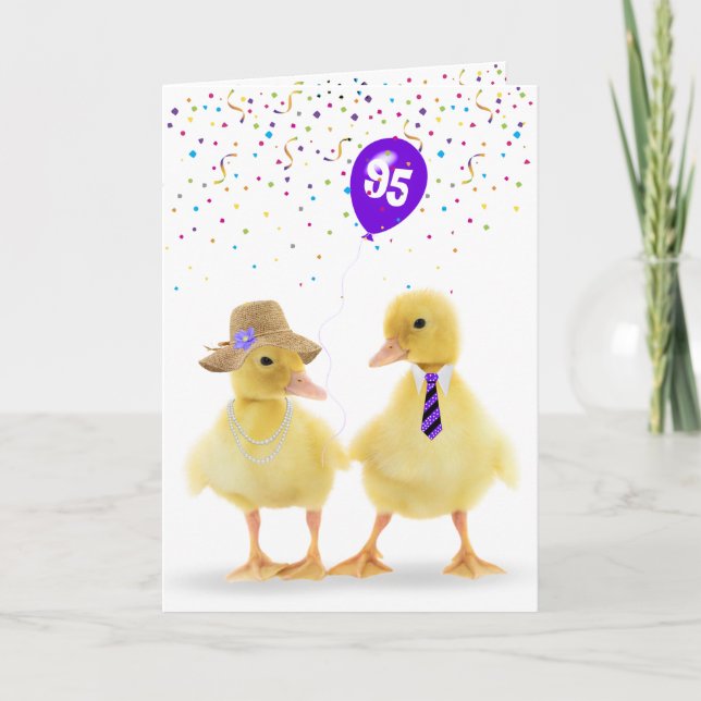 Duckling Couple mit 95. Geburtstagsballon Karte (Vorderseite)