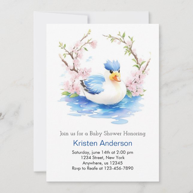Duckling Enchanted Watercolor Boy Baby Shower Einladung (Vorderseite)