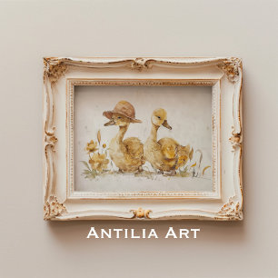 Duckling Watercolor Painting Duck Farm Animal Poster