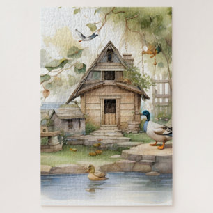 Ducks Country Garden Pond Scene Wasserfarbe 1 Puzzle