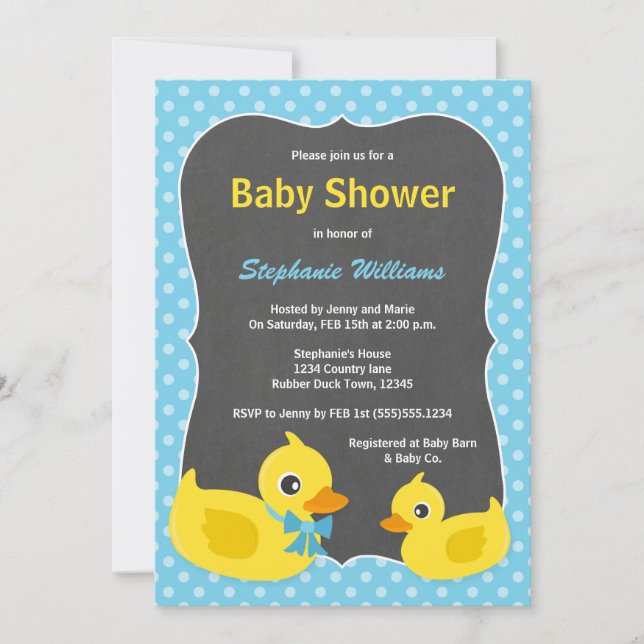 Ducky Babyparty-Gummieinladung blau u. gelb Einladung (Vorderseite)