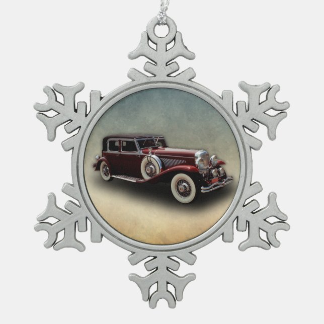 Duesenberg (Duesy) vorbildliches J Klassiker-Auto Schneeflocken Zinn-Ornament (Vorderseite)