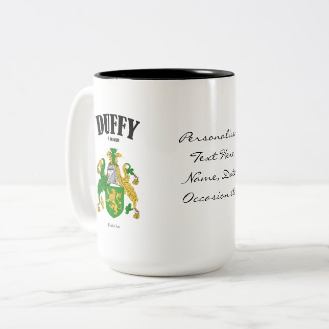 Duffy Familienwappen, Übersetzung und Bedeutung Zweifarbige Tasse (Vorderseite Links)