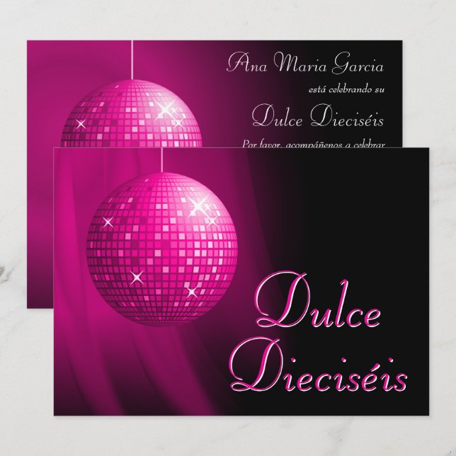 Dulce Dieciséis Disco Ball Rosa Fiesta  Einladung (Vorne/Hinten)