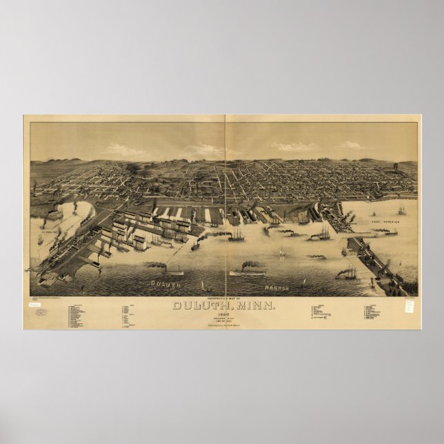 Duluth Minnesota 1887 Antike Panoramabalkarte Poster (Vorne)
