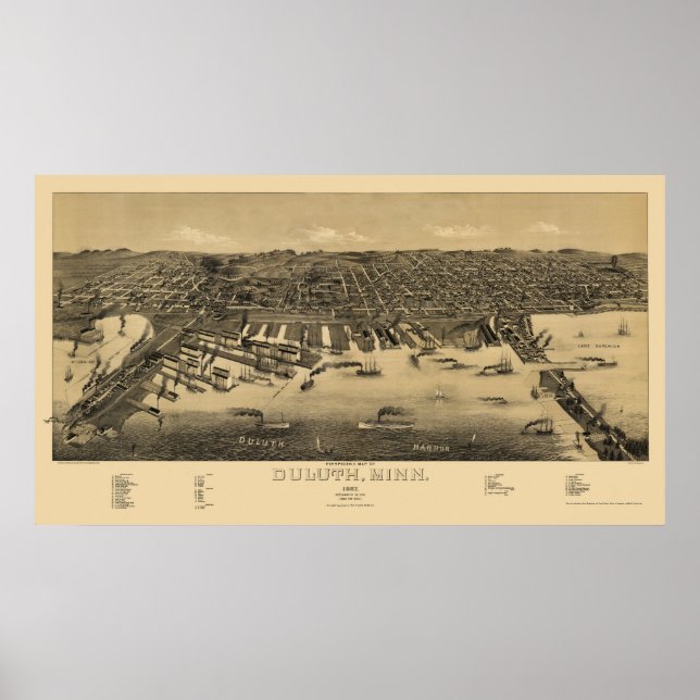 Duluth, MN Panorama Karte - 1887 Poster (Vorne)