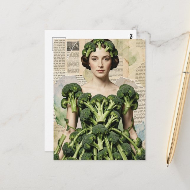 Dummer Brokkoli Kleid Frau  Postkarte (Vorderseite/Rückseite Beispiel)