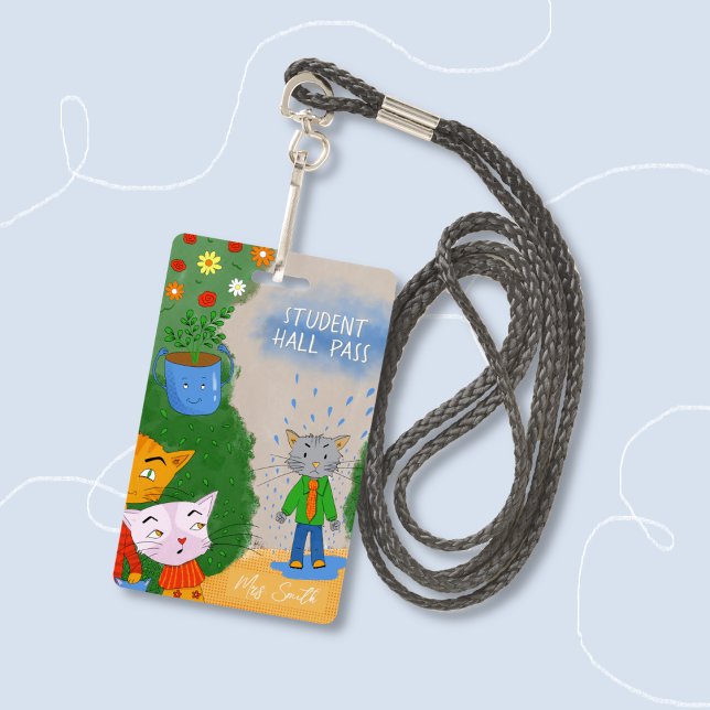 Dummer Cartoon-Katzen-Schüler-Hall-Pass-Abzeichen Ausweis (Funny silly cartoon cats student hall pass badge .)