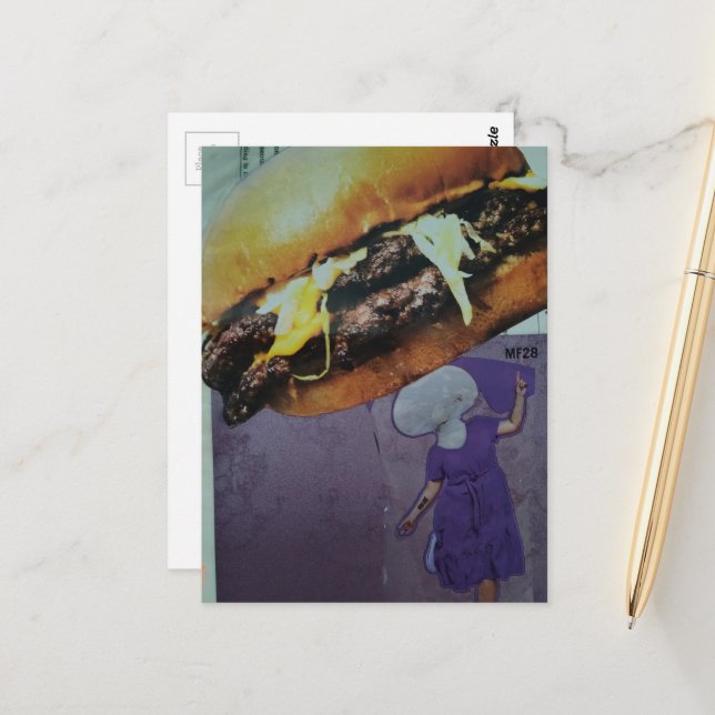 Dummer Cheeseburger Pilz Dame Collage Postkarte (Vorderseite/Rückseite Beispiel)