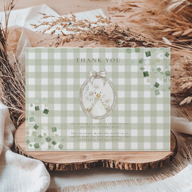 Dummer Gans 1. Geburtstag Grün Gingham Dankeskarte (Von Creator hochgeladen)
