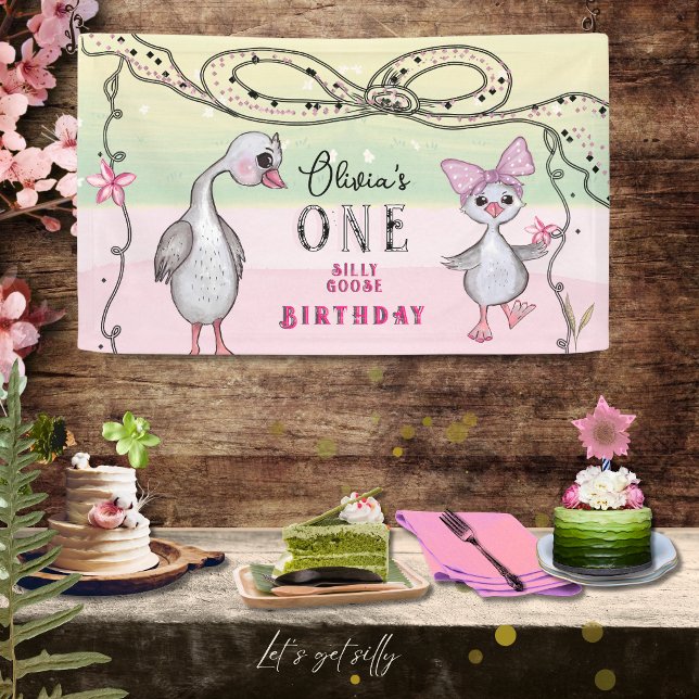 Dummer Gans 1. Geburtstag Rosa Coquette-Ästhetik Banner (Silly Goose 1st Birthday Pink Coquette Aesthetic Banner)