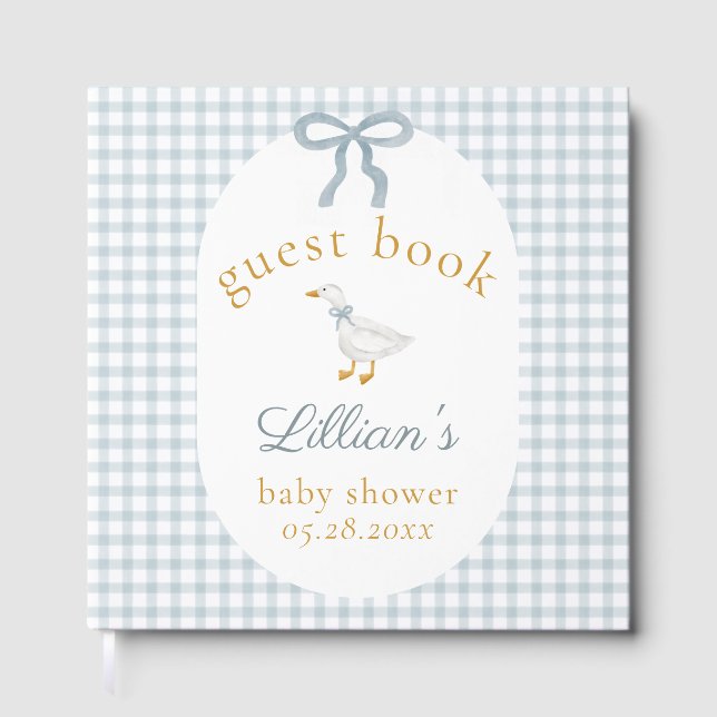 Dummer Gans Blau Gingham Baby Shower Gästebuch (Vorderseite)