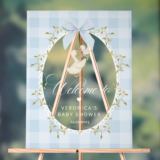 Dummer Gans Blau Gingham Babyshower Begrüßung Acrylschild (Neutral)