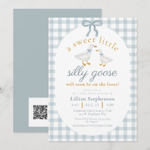 Dummer Gans Blaue Schleife Gingham Baby Shower QR Einladung