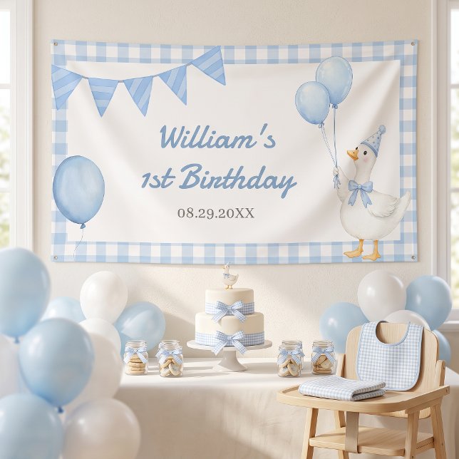 Dummer Gans Blaukarierter Jungengeburtstag Banner (Von Creator hochgeladen)