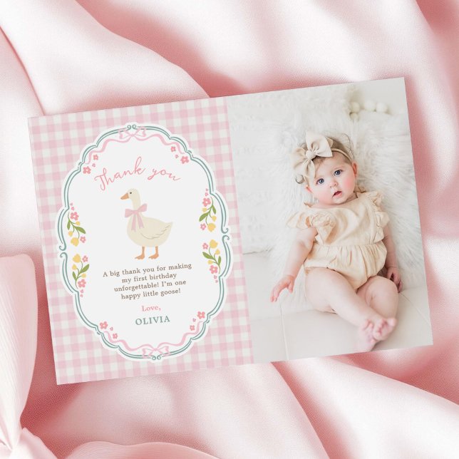 Dummer Gans-Blumen-Gingham-Geburtstagsfoto Dankeskarte (Von Creator hochgeladen)