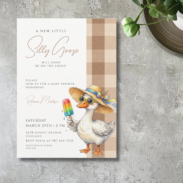 Dummer Gans Braun Gingham Hut Eis Baby Shower Einladung (Von Creator hochgeladen)