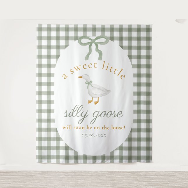 Dummer Gans-Grün-Gingham-Baby-Party-Hintergrund Wandteppich (Vorderseite)