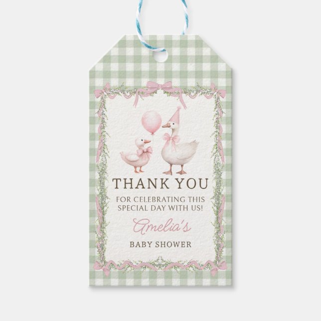 Dummer-Gans-Grün-Gingham-Baby-Shower-Geschenk-Anhä Geschenkanhänger (Vorderseite)