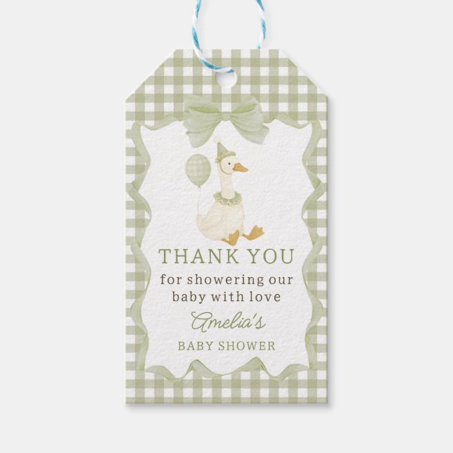 Dummer Gans Grün Gingham Baby Shower Geschenk Etik Geschenkanhänger (Vorderseite)
