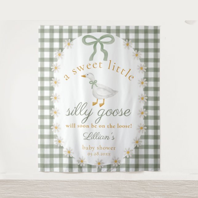 Dummer Gans Grün Gingham Baby Shower Hintergrund Wandteppich (Vorderseite)