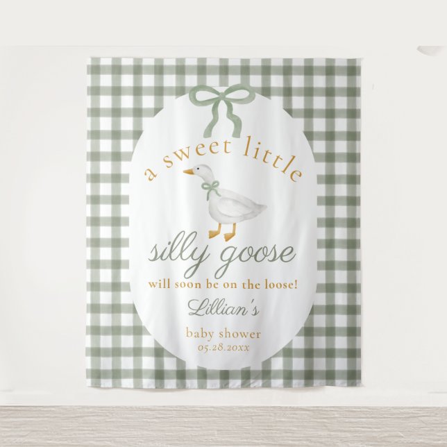 Dummer-Gans-Grün-Gingham-Baby-Shower-Kulisse Wandteppich (Vorderseite)