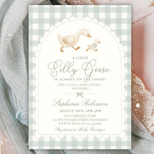 Dummer Gans Neutral Salbeigrün Gingham-Baby-Party Einladung